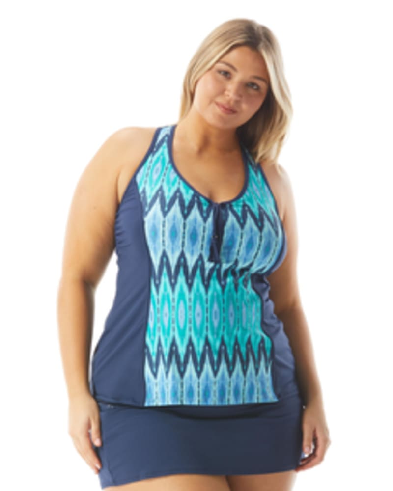 Front of a model wearing a size 16W Erinna Racerback Tankini in ADMIRAL - 515 by Beach House Woman. | dia_product_style_image_id:269152